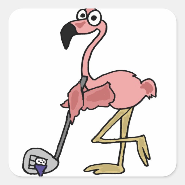 Funny Pink Flamingo Golfing Art Square Sticker (Front)