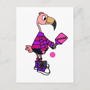 Funny Pink Flamingo Playing Pickleball Cartoon Postcard