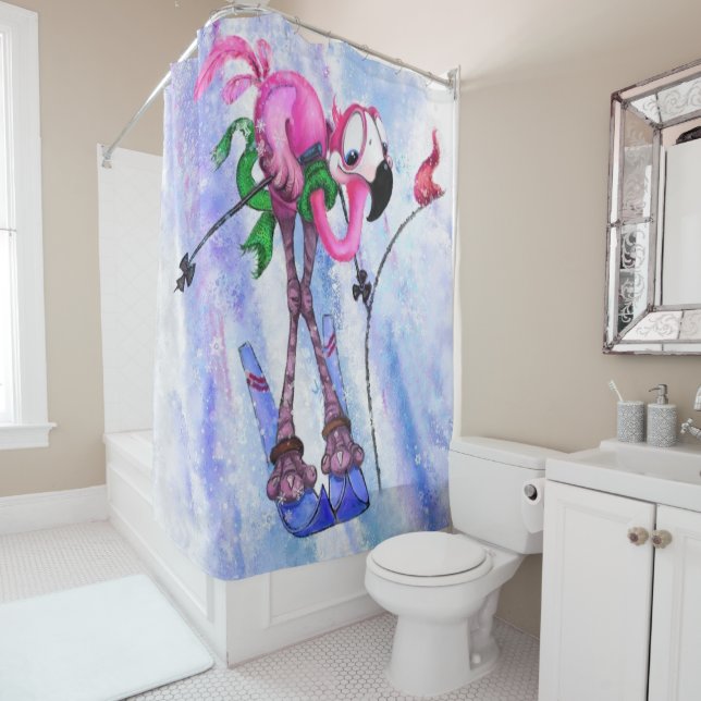 Funny Pink Flamingo Skier - Cartoon Drawing Comic  (In Situ)