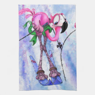 Funny Pink Flamingo Skier - Cartoon Drawing Comic  Kitchen Towel