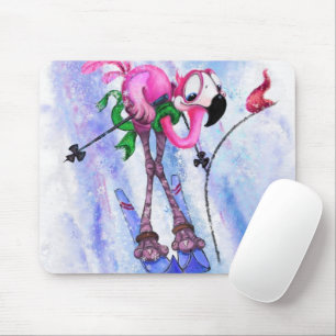 Funny Pink Flamingo Skier - Cartoon Drawing Comic Mouse Pad
