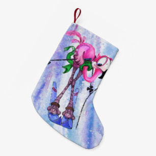 Funny Pink Flamingo Skier - Cartoon Drawing Comic  Small Christmas Stocking