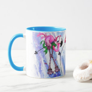 Funny Pink Flamingo Skier - Cartoon Painting Mug