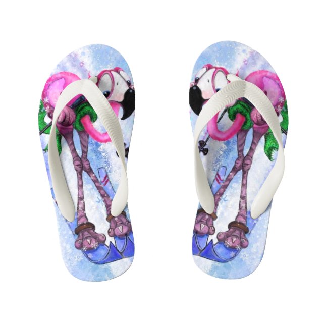 Funny Pink Flamingo Skier Kid's Flip Flops (Footbed)