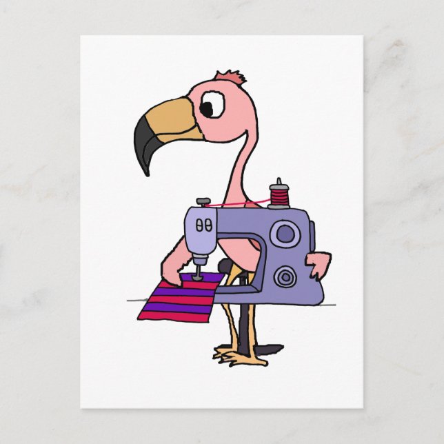 Funny Pink Flamingo using Sewing Machine Postcard (Front)