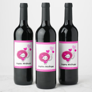 Funny pink lady with balloons wine label