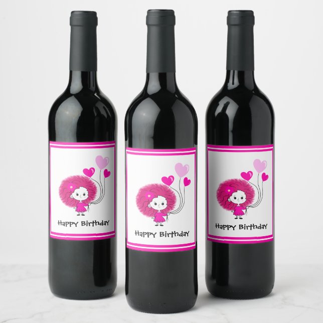 Funny pink lady with balloons wine label (Bottles)