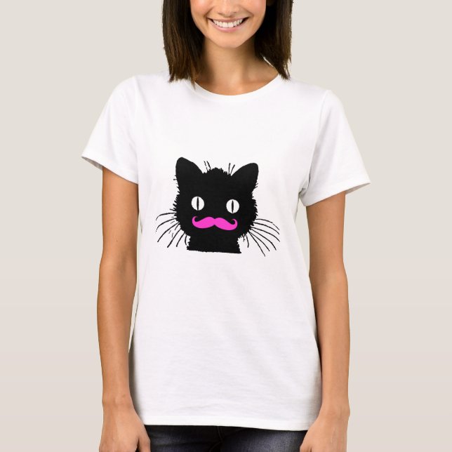 FUNNY PINK MUSTACHE BLACK CAT T-Shirt (Front)