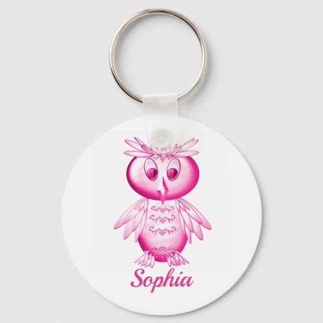 Funny Pink Owl Personalized kids Keychain (Front)