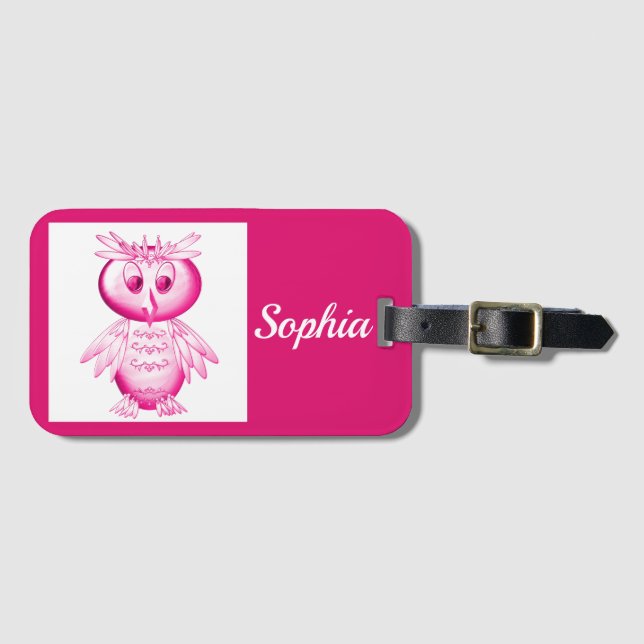 Funny Pink Owl Personalized kids Luggage Tag (Front Horizontal)