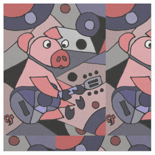 Funny Pink Pig Playing Guitar Abstract Fabric