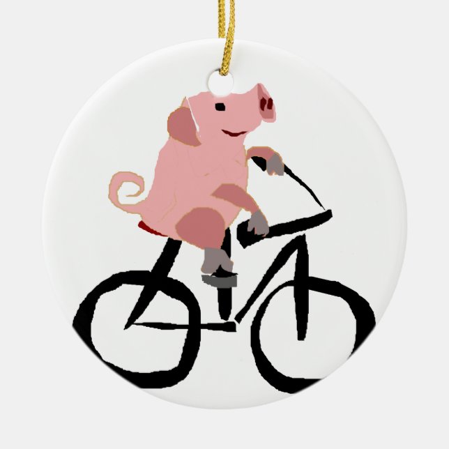 Funny Pink Pig Riding Bicycle Ceramic Ornament (Front)