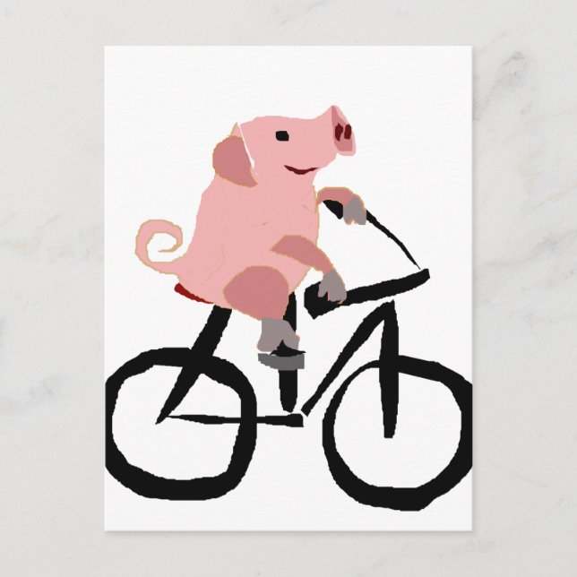 Funny Pink Pig Riding Bicycle Postcard (Front)