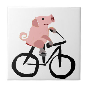 Funny Pink Pig Riding Bicycle Tile