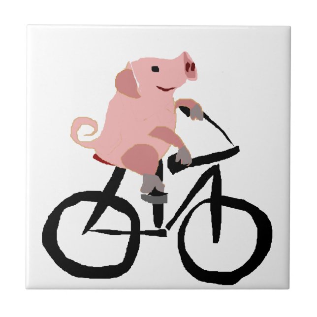 Funny Pink Pig Riding Bicycle Tile (Front)