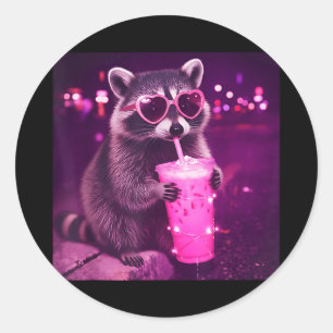Funny pink raccoon drinking iced coffee - cute classic round sticker