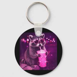 Funny pink raccoon drinking iced coffee - cute keychain