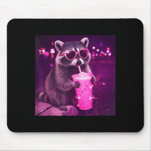 Funny pink raccoon drinking iced coffee - cute mouse pad