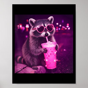 Funny pink raccoon drinking iced coffee - cute poster