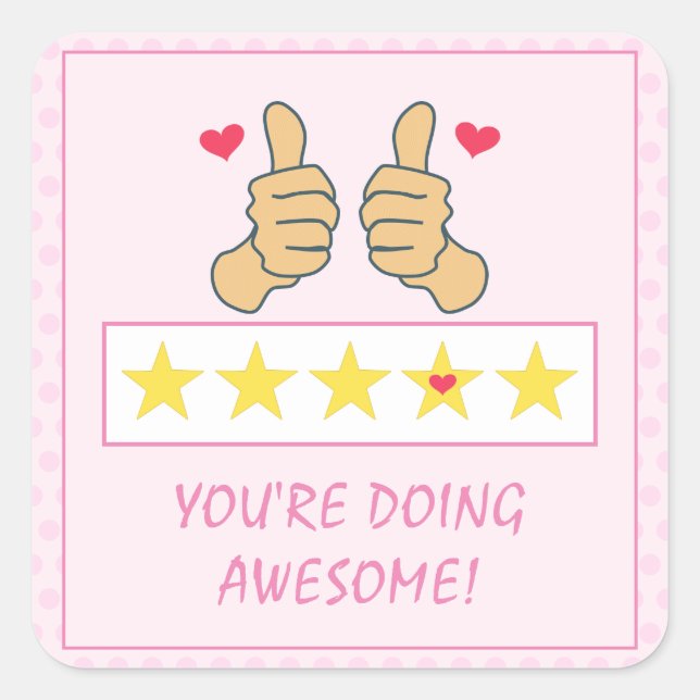 Funny Pink Thumbs Up Five Star Rating Kids Reward  Square Sticker (Front)