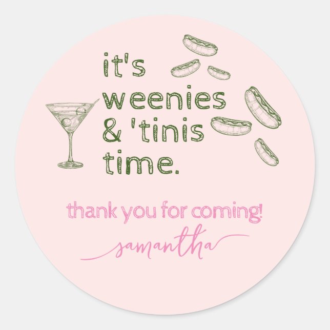 Funny Pink Weenies & Tinis Martini Birthday Party Classic Round Sticker (Front)