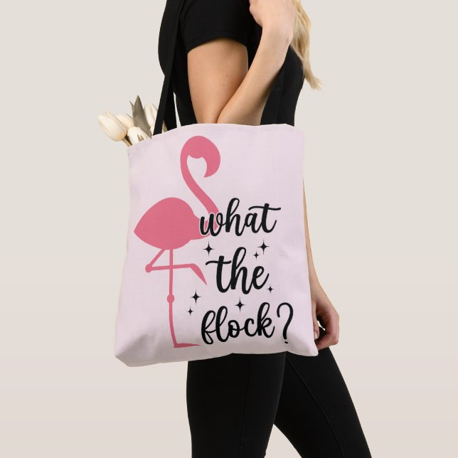 Funny Pink What the Flock Flamingo Tote Bag (Close Up)