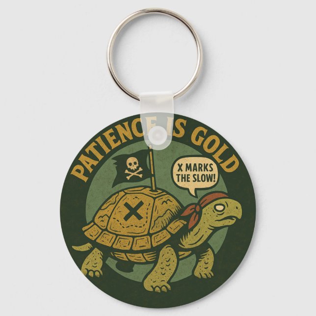 Funny Pirate Turtle Patience Gold Keychain (Front)