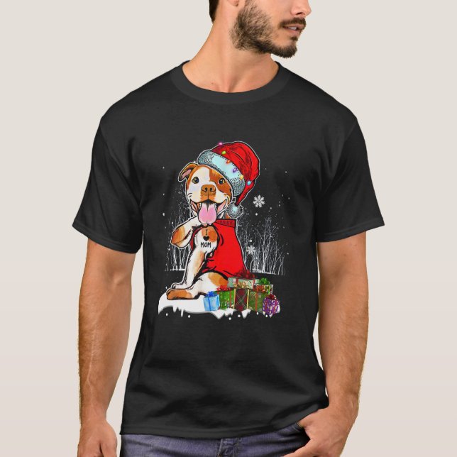 Funny Pit Bull Christmas I Love Mom Tattoo Xmas Pa T-Shirt (Front)
