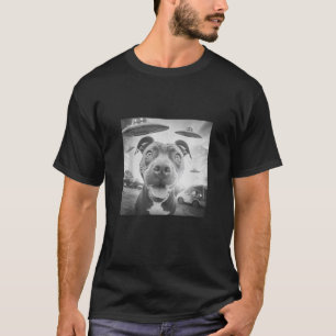 Funny Pit Bull Selfie with UFOs Weird Dog PitBull  T-Shirt