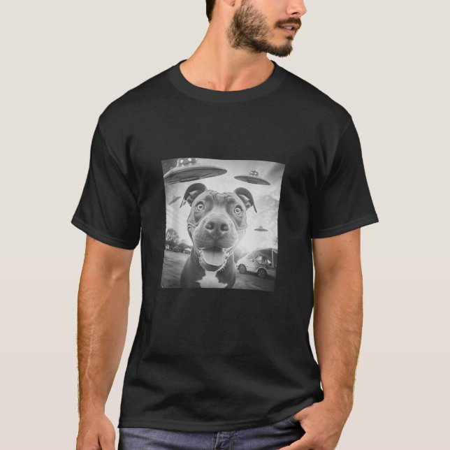Funny Pit Bull Selfie with UFOs Weird Dog PitBull  T-Shirt (Front)