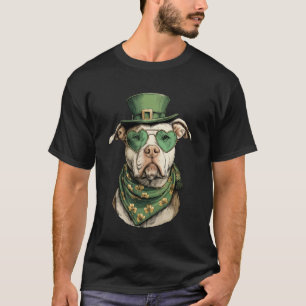 Funny Pit Bull with Heart Sunglasses Shamrocks St T-Shirt