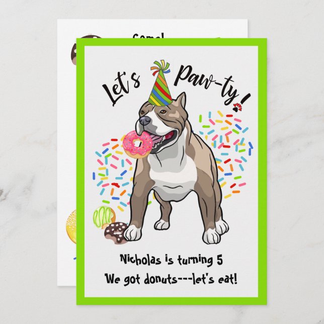 Funny Pitbull Dog Doughnuts Birthday Party Invitation (Front/Back)
