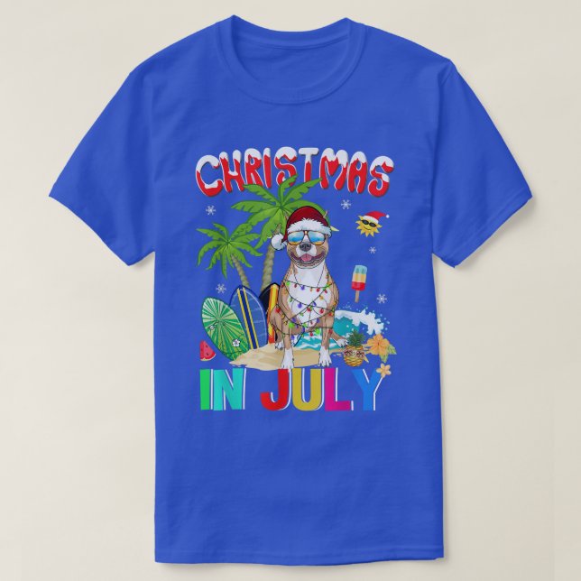 Funny Pitbull Dog in Santa Hat Sunglasses Christma T-Shirt (Design Front)