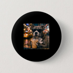Funny pitbull drinking iced coffee cool dog 2 inch round button