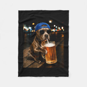 Funny pitbull meme drinking beer night street fleece blanket