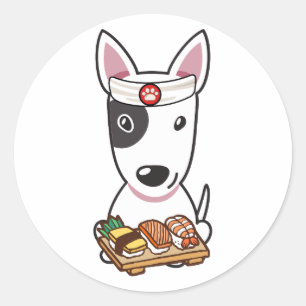 Funny pitbull terrier dog is a sushi chef classic round sticker
