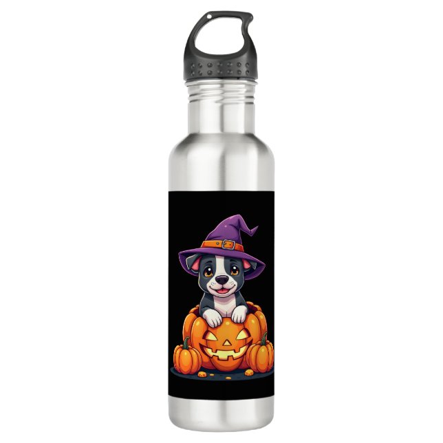 Funny Pitbull Witch Pumpkin Dog Halloween Mens Wom 710 Ml Water Bottle (Front)