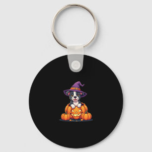 Funny Pitbull Witch Pumpkin Dog Halloween Mens Wom Keychain