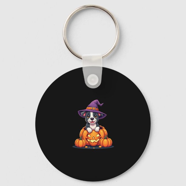 Funny Pitbull Witch Pumpkin Dog Halloween Mens Wom Keychain (Front)