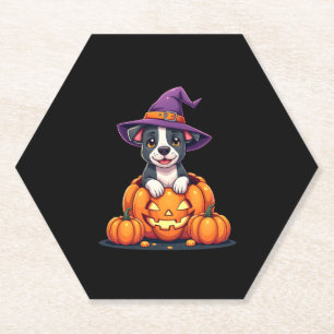 Funny Pitbull Witch Pumpkin Dog Halloween Mens Wom Paper Coaster