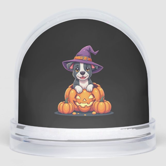 Funny Pitbull Witch Pumpkin Dog Halloween Mens Wom Snowglobe (Front)