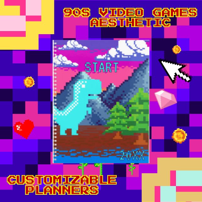 Funny Pixel Gamer Pixelated- Dinosaur Illustration (This funny nostalgic design features pixel art of a Dinosaur in naturen.I've used a pop color palett)