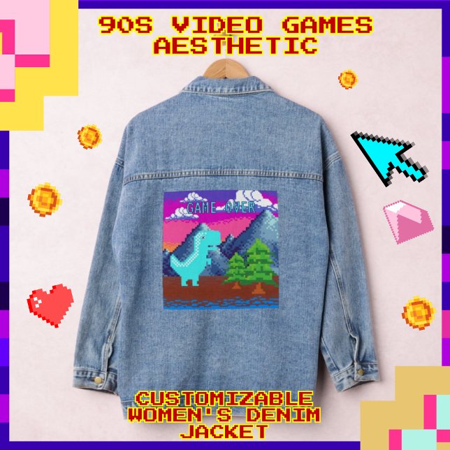 Funny Pixel Gamer Pixelated- Dinosaur Illustration (Funny Pixel Gamer Pixelated - Dinosaur Illustration Women's Denim Jacket (Jean Jacket);)