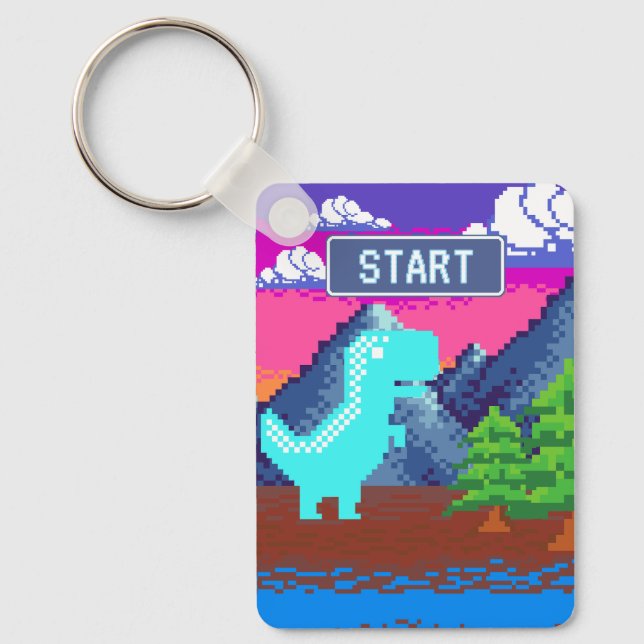 Funny Pixel Gamer Pixelated- Dinosaur Illustration Keychain (Front)