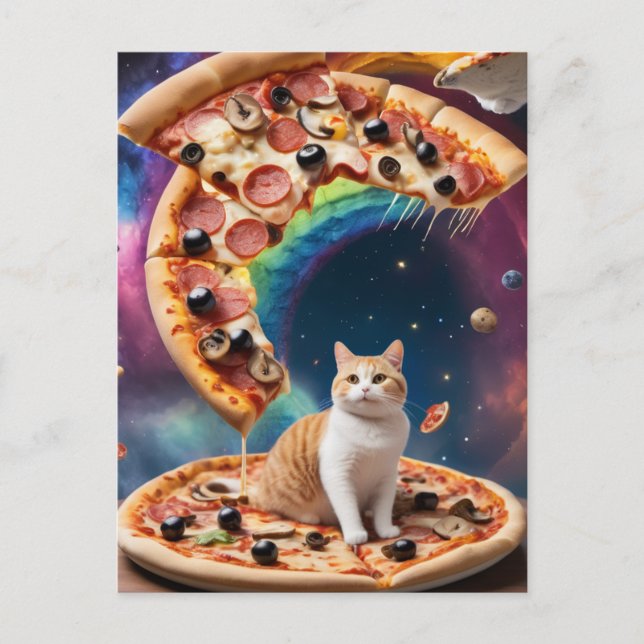 Funny Pizza Cat in Space Floating Pizzas Postcard (Front)