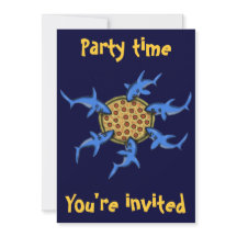 Funny pizza eating sharks party invitation card