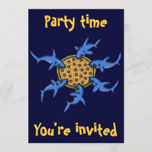 Funny pizza eating sharks party invitation card