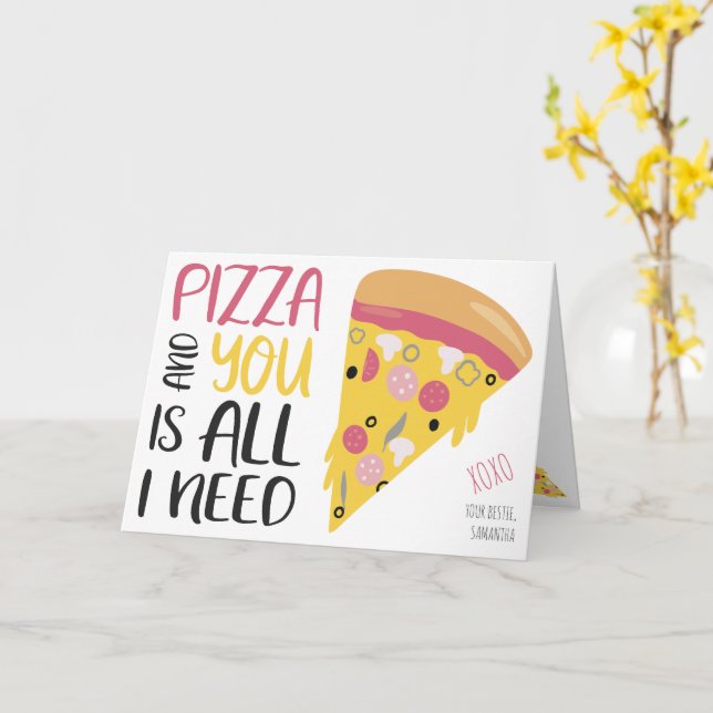 Funny pizza  script galentine 3 photos collage card (Yellow Flower)