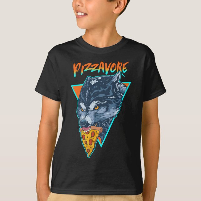 Funny Pizzavore Pizza Lover Pun Wolf Retro 90s Vap T-Shirt (Front)