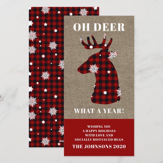 Funny Plaid Snowflake Oh Deer Holiday Card (Front/Back)